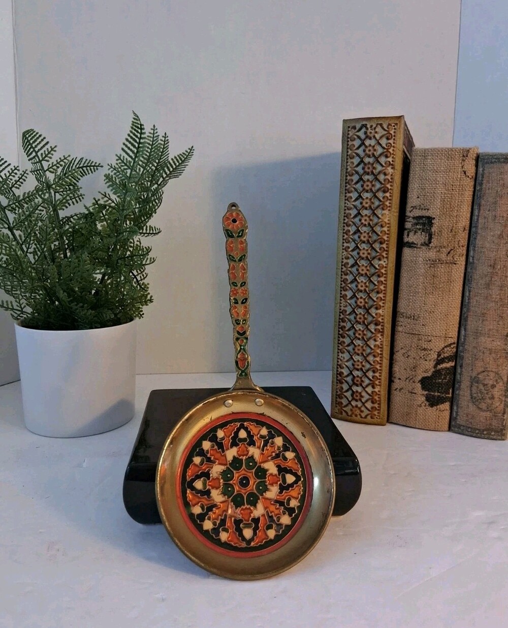 VTG'70's 'Cosmosmalt' Greek Made Enamel Pan Handcrafted Bronze Copper +Brass EUC